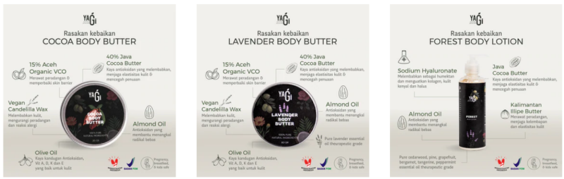 Produk perawatan kulit dan tubuh dengan merek YAGI Natural
